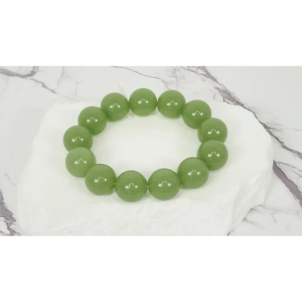 Beautiful 16mm Apple Green Nephrite Jade Polished Bead Stretchy Bracelet 7.5